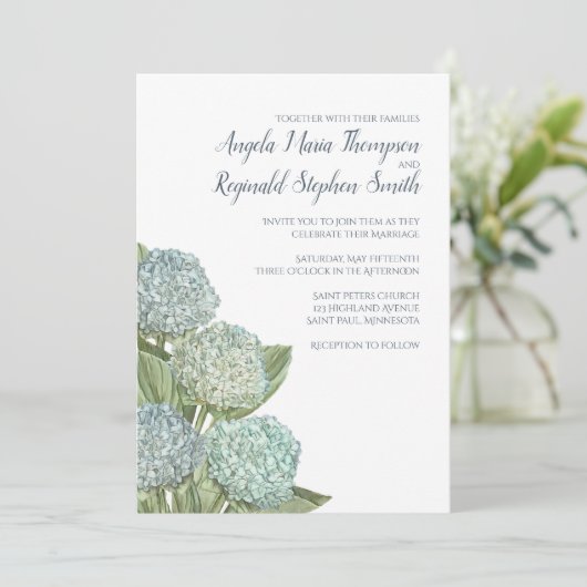 Dusty Blue Wedding Modern Hydrangea Simple Einladung (Stehend Vorderseite)