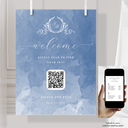 Dusty Blue Wedding Monogram QR-Coding-Zeichen Poster