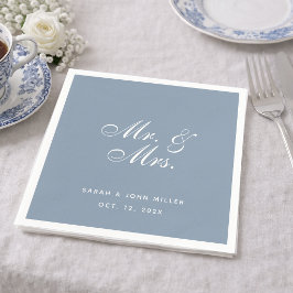 Dusty Blue Wedding Mr. and Mrs White Calligraphy Serviette
