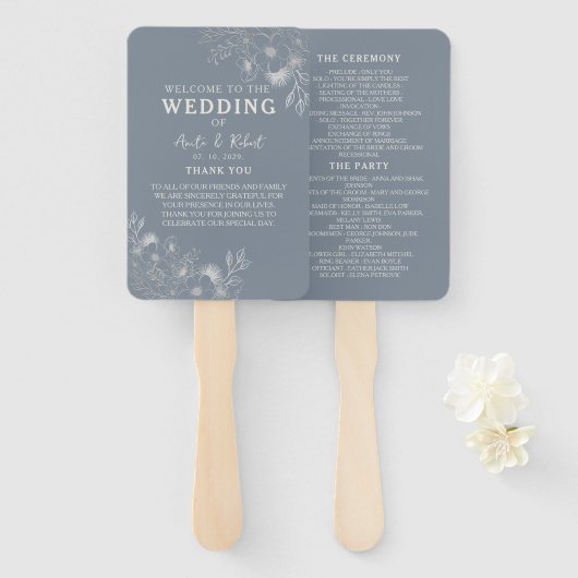 Dusty Blue Wedding Program Hand Fan Fächer (Vorne und Hinten)
