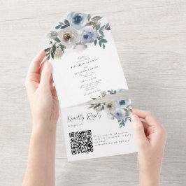 Dusty Blue Wedding QR Code Floral Eleganter Frühli All In One Einladung