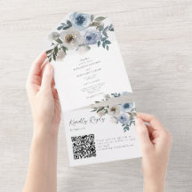 Dusty Blue Wedding QR Code Floral Eleganter Frühli