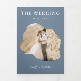 Dusty Blue Wedding RSVP Details QR Foto Dreifach Gefaltete Einladung