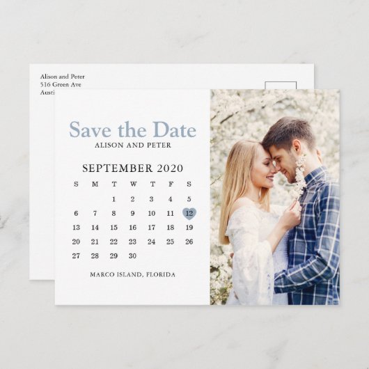 Dusty Blue Wedding Save the Date Calendar Foto Ankündigungspostkarte (Vorne/Hinten)