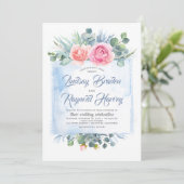 Dusty Blue Wedding | Schwarz und Rosa Einladung (Stehend Vorderseite)