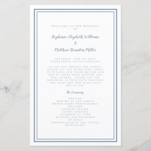 Dusty Blue Wedding Script Modern Zeremony Program (Vorderseite)