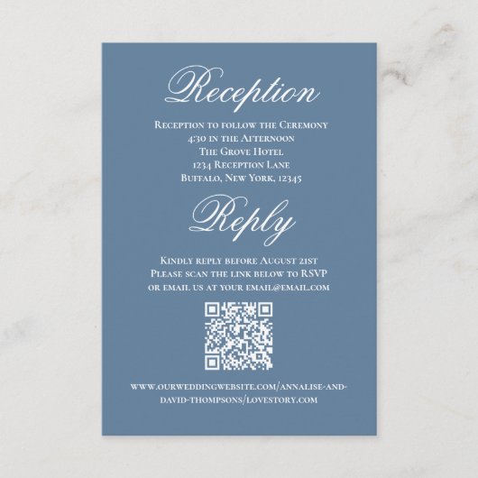 Dusty Blue Wedding Script RSVP Reception  Begleitkarte (Vorderseite)