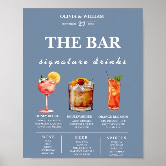 Dusty Blue Wedding Signature Drinks Bar Menu Poster (Vorne)