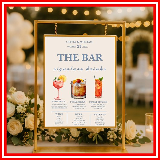 Dusty Blue Wedding Signature Drinks Bar Menu Poster