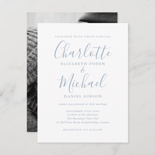 Dusty Blue Wedding Signature Script Einladung (Vorne/Hinten)