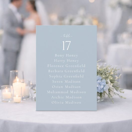 Dusty Blue Wedding Table Number with Guest List Einladung