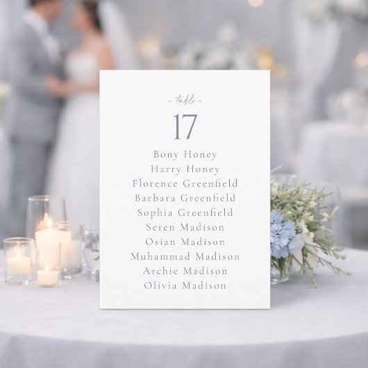 Dusty Blue Wedding Table Number with Guest List Einladung