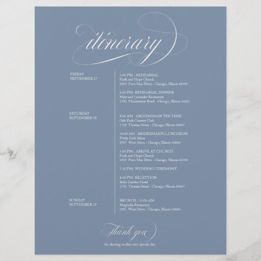 Dusty Blue Wedding Weekend Begrüßungsreise (Rückseite)