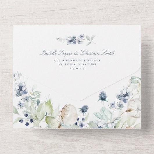 Dusty Blue Wedding Wildblume Greenery All In One Einladung (Rückseite)