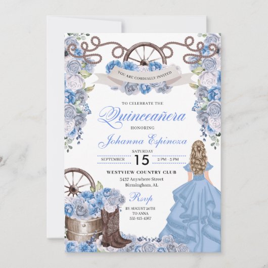 Dusty Blue Western Ranchero Quinceanera Einladung (Vorderseite)