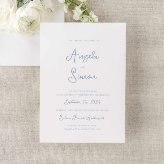 Dusty Blue Whimsical Bow Cherub Wedding Einladung