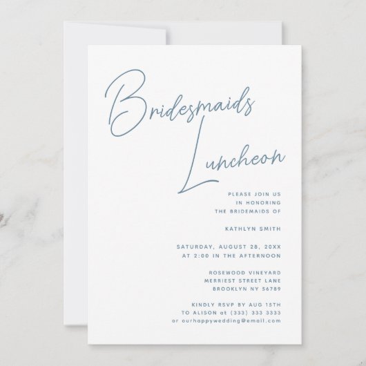 Dusty Blue Whimsical Script Bridesmaids Luncheon Einladung (Vorderseite)