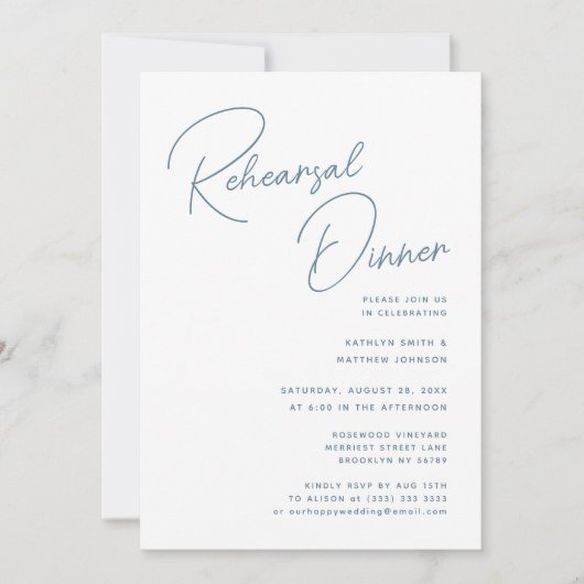 Dusty Blue Whimsical Script Chic Probe Dinner Einladung (Vorderseite)