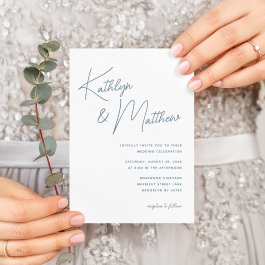 Dusty Blue Whimsical Script Minimalistisch Wedding Einladung