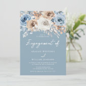 Dusty Blue White Bohemisch Floral Engagement Party Einladung (Stehend Vorderseite)