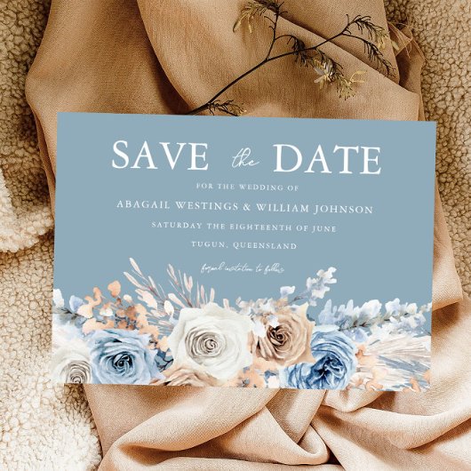 Dusty Blue & White Bohemisch Floral Moderne Hochze Save The Date