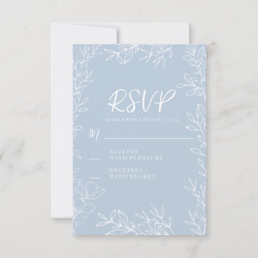 Dusty Blue White Botanical Blätter Wedding RSVP Karte (Vorderseite)