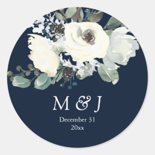 Dusty Blue & White Botanical Monogram, Navy Runder Aufkleber