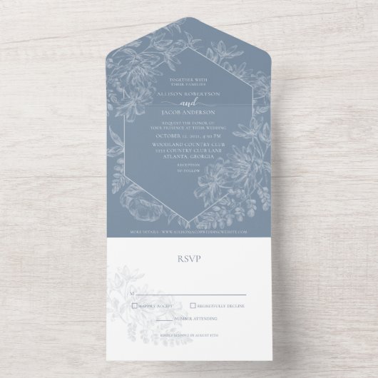 Dusty Blue White Botanical Wedding All In One Einladung (Innen Boden)
