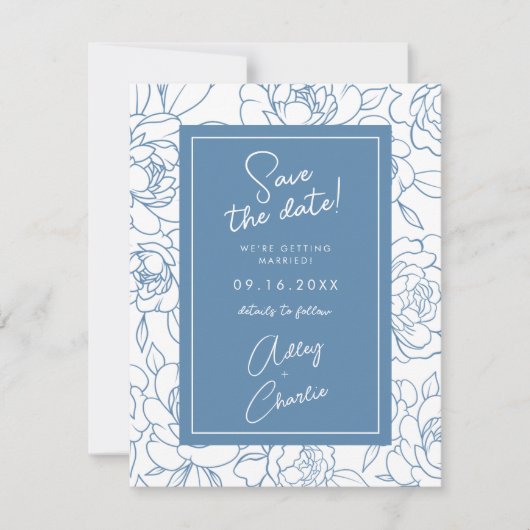 Dusty Blue & White Botanical Wedding Save the Date (Vorderseite)