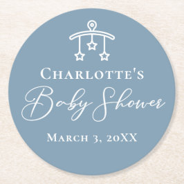 Dusty Blue White Chic Minimalistisch Baby Dusche Runder Pappuntersetzer