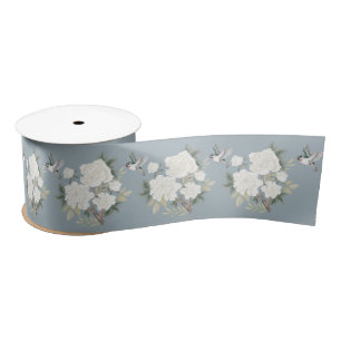 Dusty Blue White Chinoiserie Porcelain Flora Bird Satinband