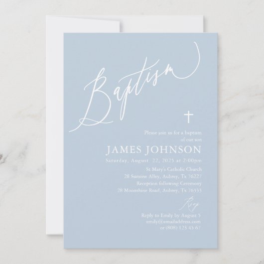 Dusty Blue White Cross Baptisse Einladung (Vorderseite)