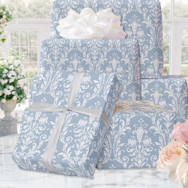 Dusty Blue White Damask Elegante Hochzeit Geschenkpapier