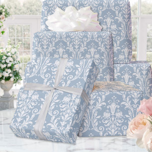 Dusty Blue White Damask Elegante Hochzeit Geschenkpapier
