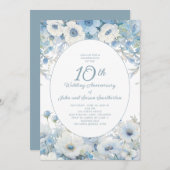 Dusty Blue White Floral 10 Jahre Einladung (Vorne/Hinten)