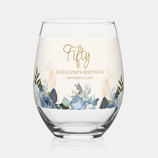 Dusty Blue White Floral 50 Geburtstag Name Weinglas Ohne Stiel (Vorderseite)