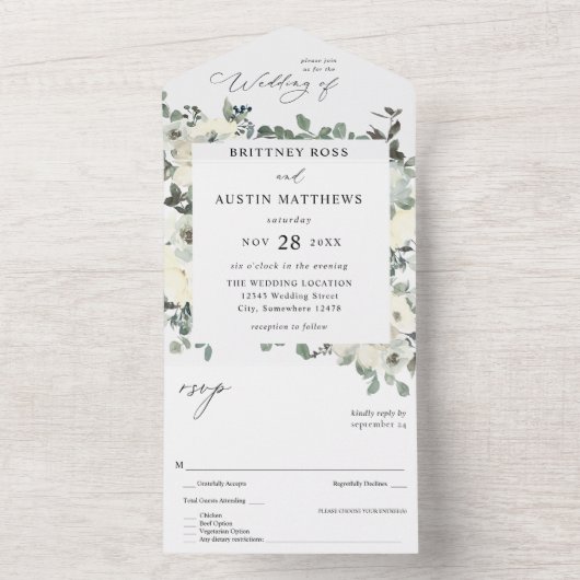 Dusty Blue & White Floral All In One Einladung (Innen Boden)