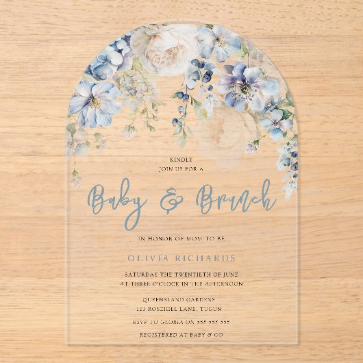 Dusty Blue & White Floral Baby Dusche Brunch Acryleinladungen (Vorderseite)