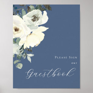 Dusty Blue & White Floral - Blue Gästebuchuntersch Poster
