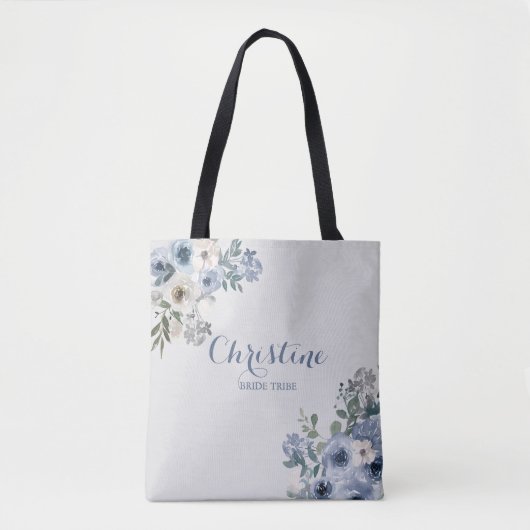Dusty Blue White Floral Bribe Tribe Tote Bag Tasche (Vorderseite)