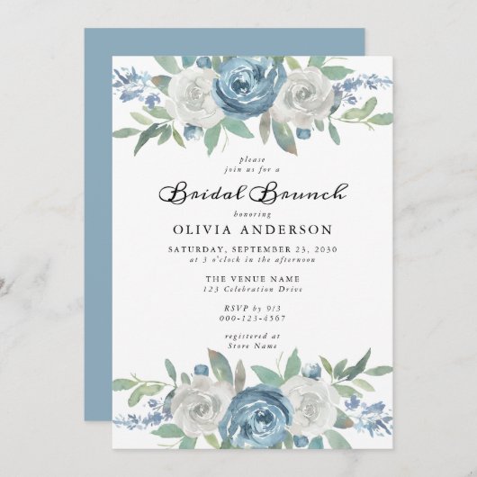 Dusty Blue & White Floral Bridal Brunch Einladung (Vorne/Hinten)