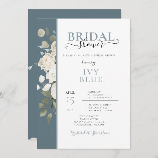 Dusty Blue White Floral Bridal Dusche Einladung (Vorne/Hinten)
