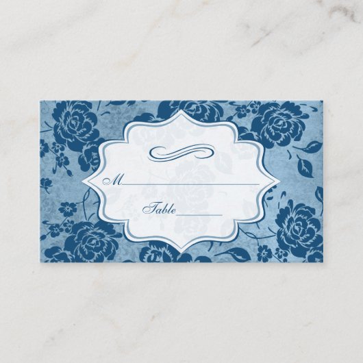 Dusty Blue, White Floral Damask Platzkarten (Vorderseite)