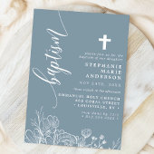 Dusty Blue White Floral Elegant Script Taufe Einladung