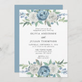 Dusty Blue & White Floral Engagement Party Einladung (Vorne/Hinten)
