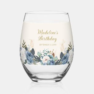 Dusty Blue White Floral Geburtsname Weinglas Ohne Stiel