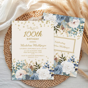 Dusty Blue White Floral Gold 100. Geburtstag Einladung