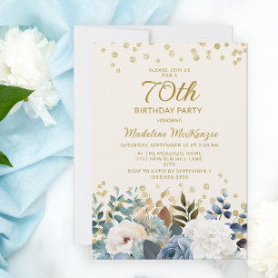 Dusty Blue White Floral Gold 70. Geburtstag Einladung