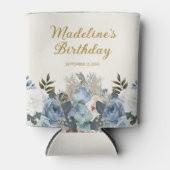 Dusty Blue White Floral Gold Geburtsname Dosenkühler (Vorderseite)