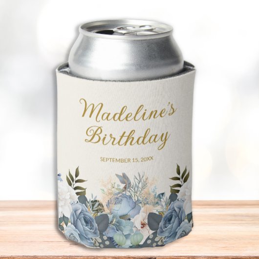 Dusty Blue White Floral Gold Geburtsname Dosenkühler